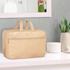 Beige Crocodile-Embossed Travel Bag